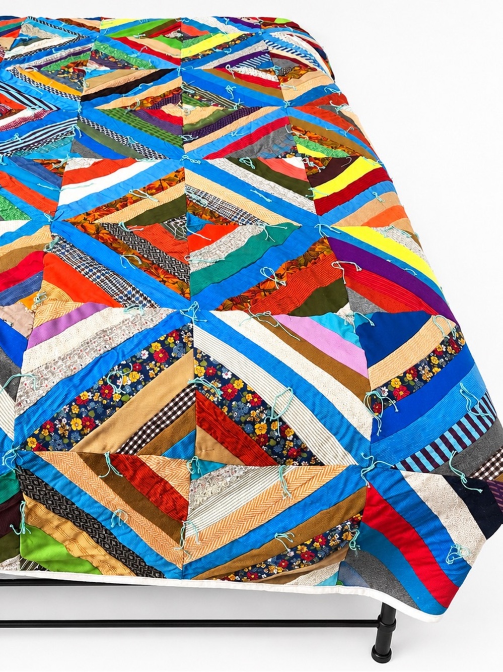 Vintage folk art vibrant  log cabin patchwork scrap Quilt - 92 x 72"